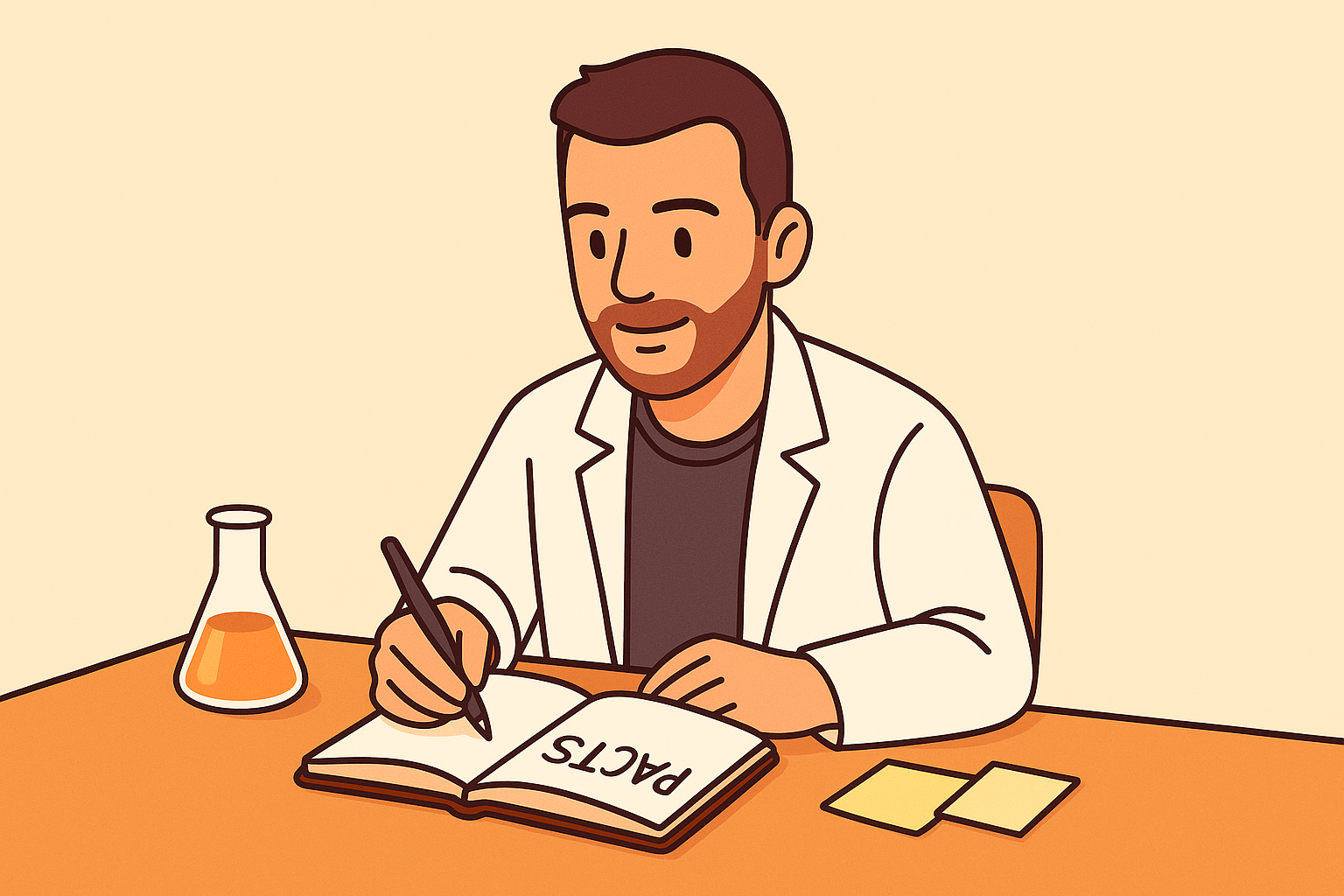 Cartoon of me in a lab coat writing in an open ‘PACTs’ notebook at a cozy desk, with a beaker and sticky notes—tiny experiments vibe